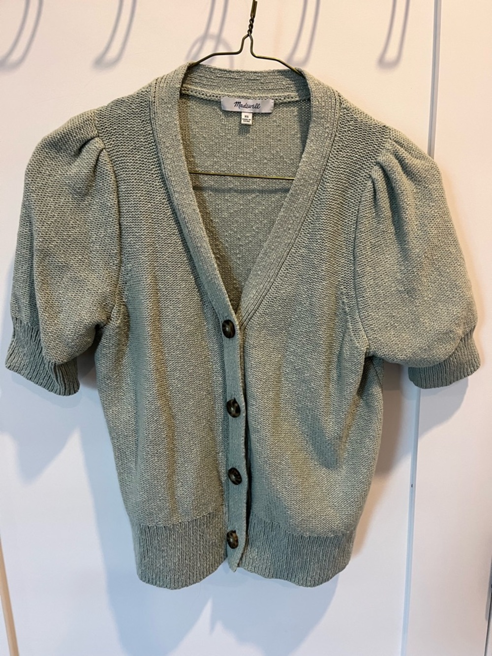 Madewell Sage Green Puff Sleeve Button-Up Cardigan